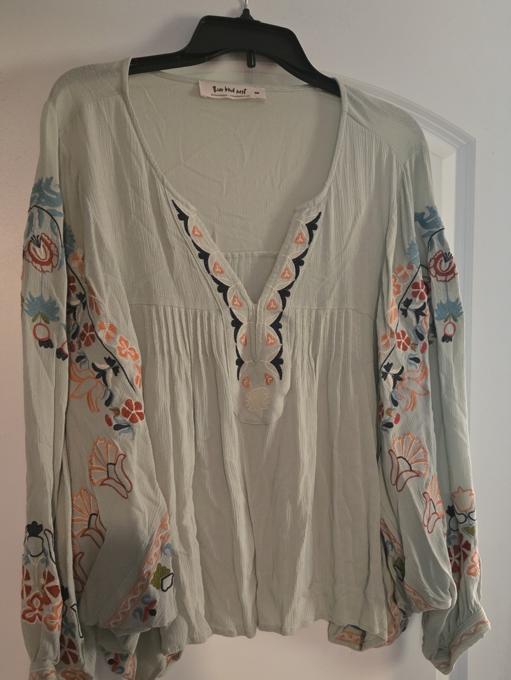 Three Bird Nest Sage Green Embroidered Boho Tunic